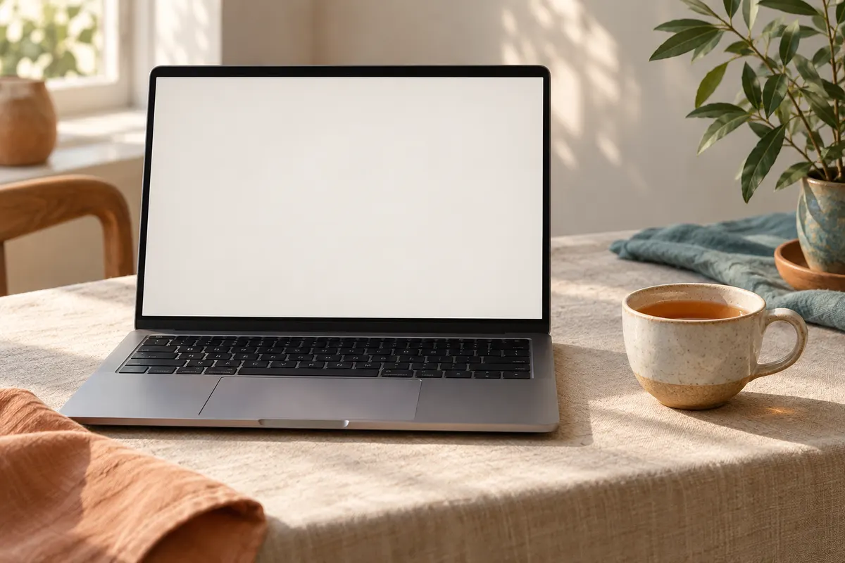 Nyitott laptop üres képernyővel, mellette egy csésze tea egy vászonterítős asztalon